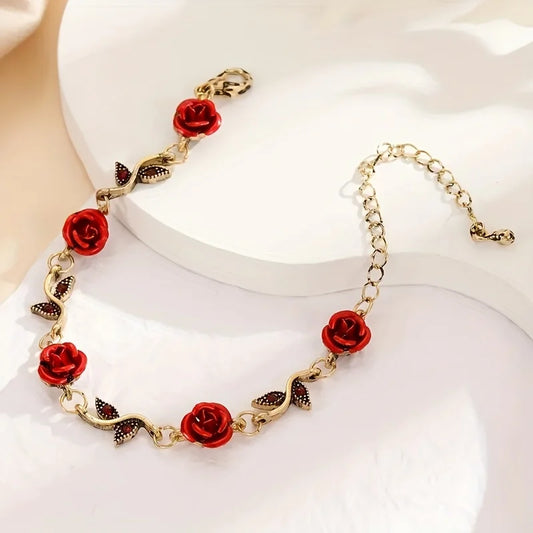 1pc Red Rose Flower Decor Chain Bracelet, Elegant Halloween Christmas Party Gift AccessoriesAnniversary Party Gifts, Jewelry,